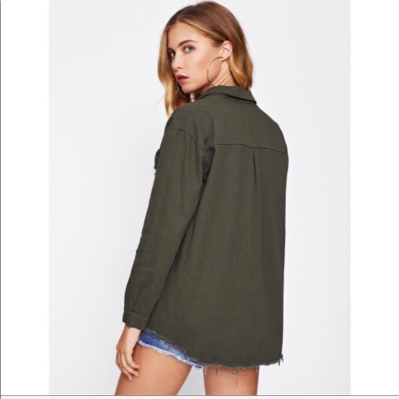 Frayed Curved Hem Army Green Denim Jacket - Picture 3 of 4